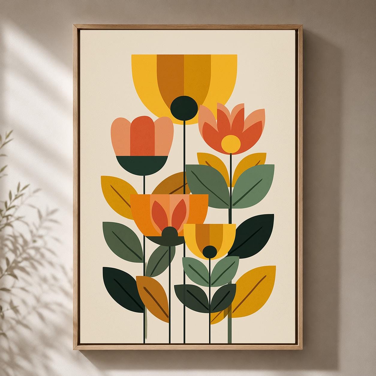 Mid Century Modern Floral Framed Canvas Art, Retro Scandinavian Flower Print, Botanical Decor by The Wall Art Studio - phy...