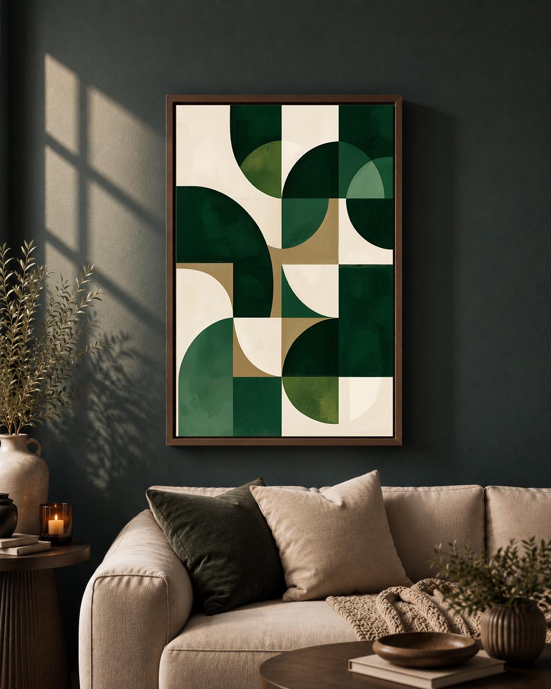 Mid Century Modern Geometric Framed Canvas Art, Abstract Green Wall Decor, Living Room Framed Print by The Wall Art Studio...