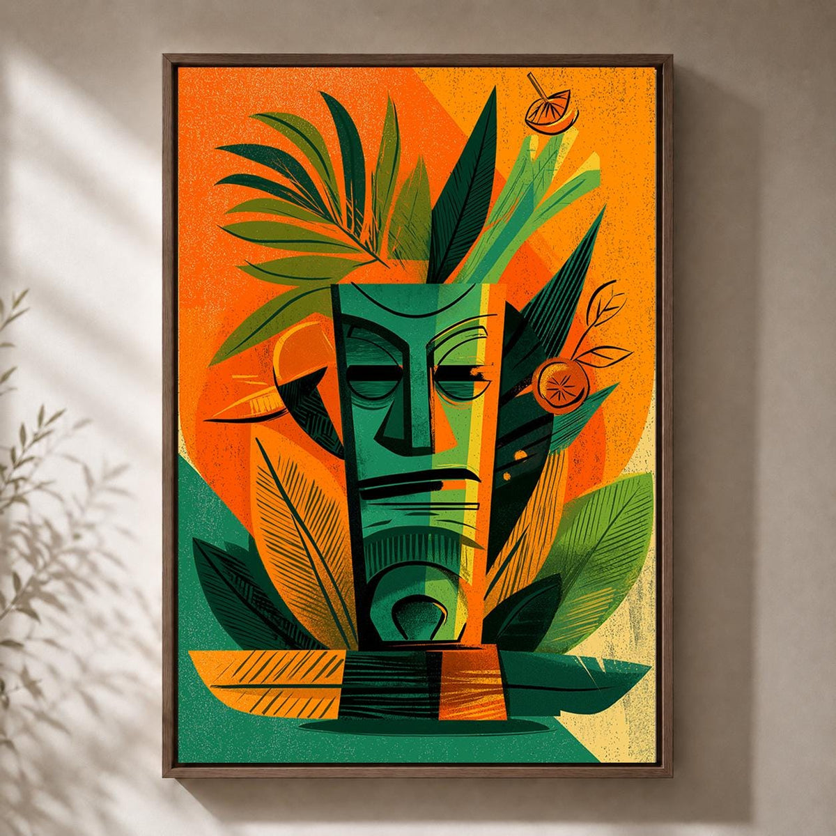 Mid Century Tiki Mask Framed Canvas Art, Retro Tropical Cocktail Lounge Print by The Wall Art Studio - physical