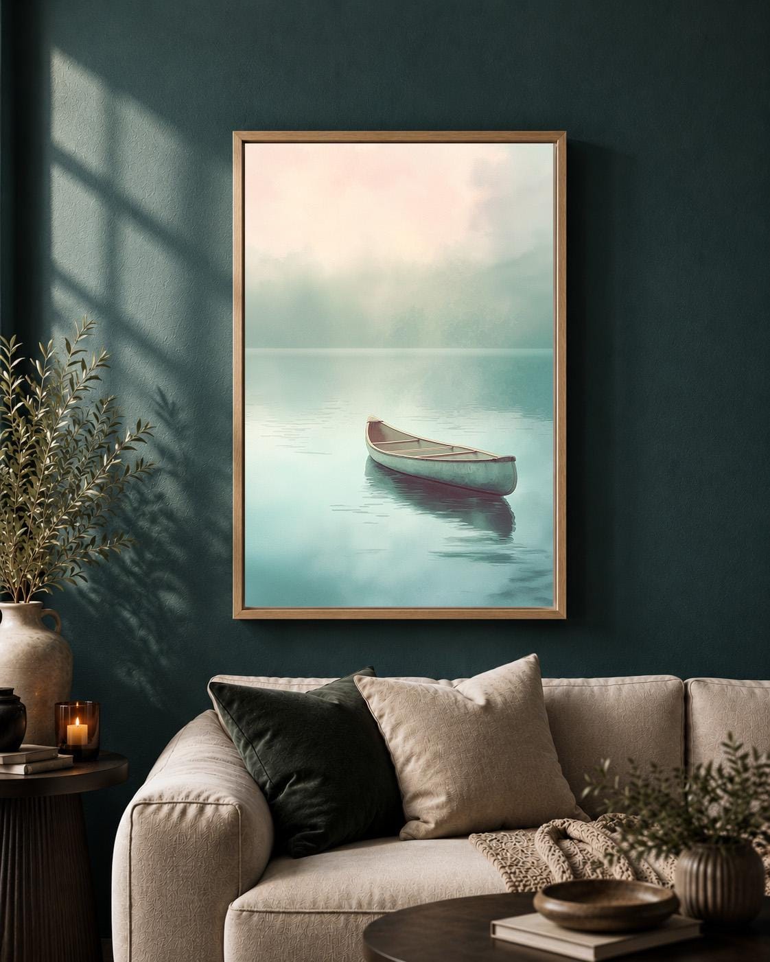 Minimalist Canoe Framed Canvas Art, Misty Lake Landscape, Neutral Coastal Decor by The Wall Art Studio - physical
