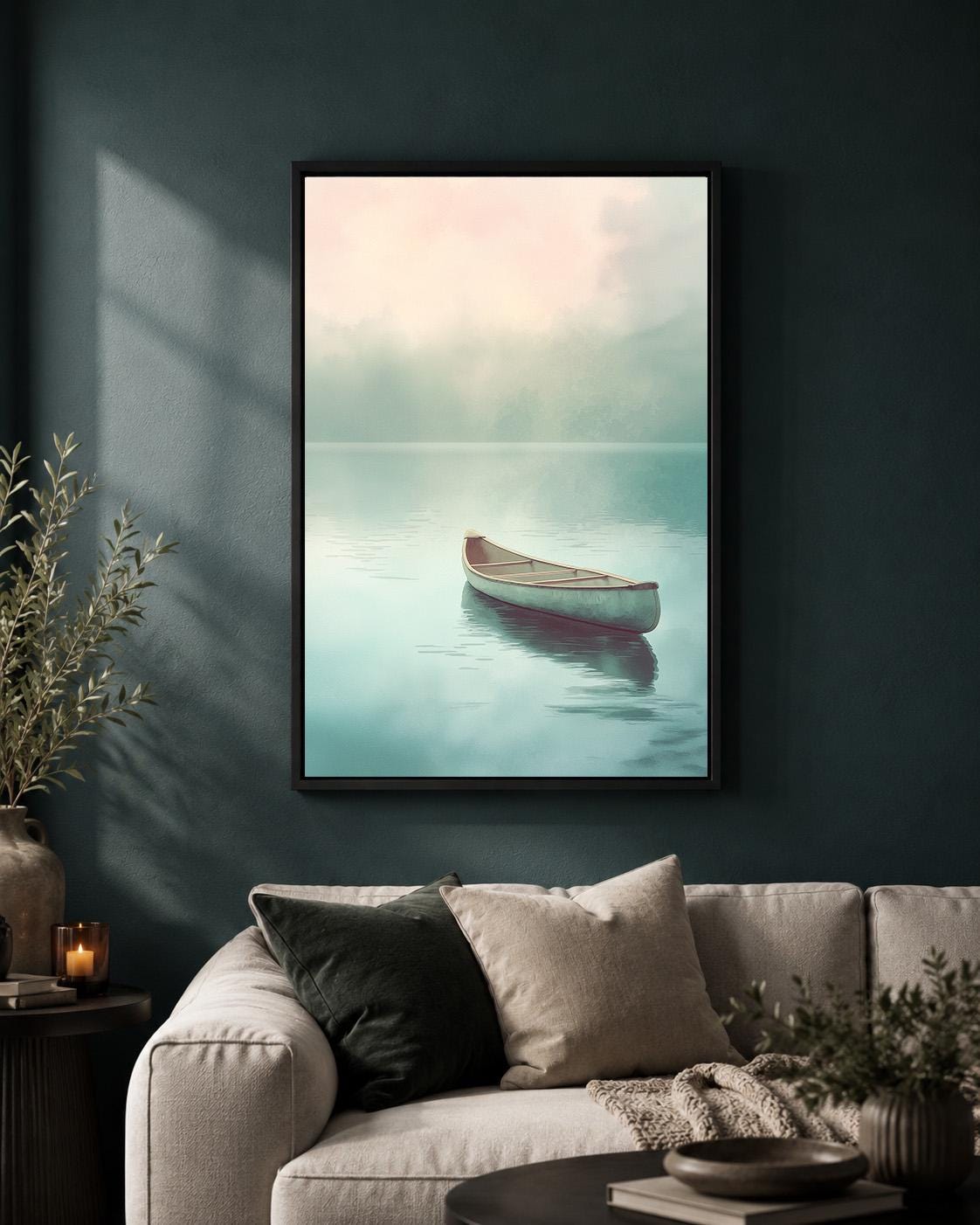 Minimalist Canoe Framed Canvas Art, Misty Lake Landscape, Neutral Coastal Decor by The Wall Art Studio - physical