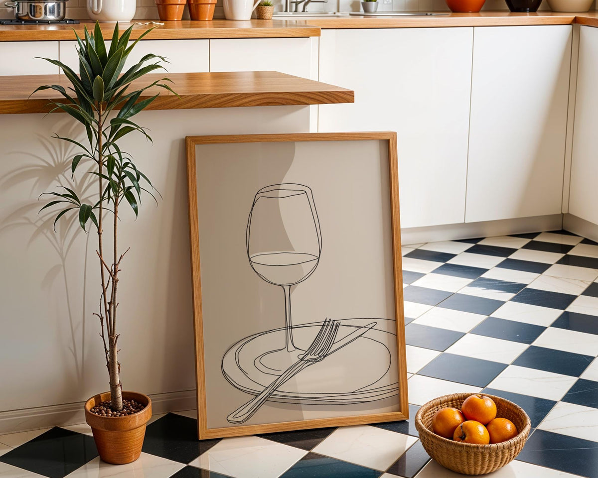 Minimalist Line Art Dining Print | Wine Glass & Plate Wall Art | Modern Kitchen Décor | Neutral Scandinavian Poster | Eleg...