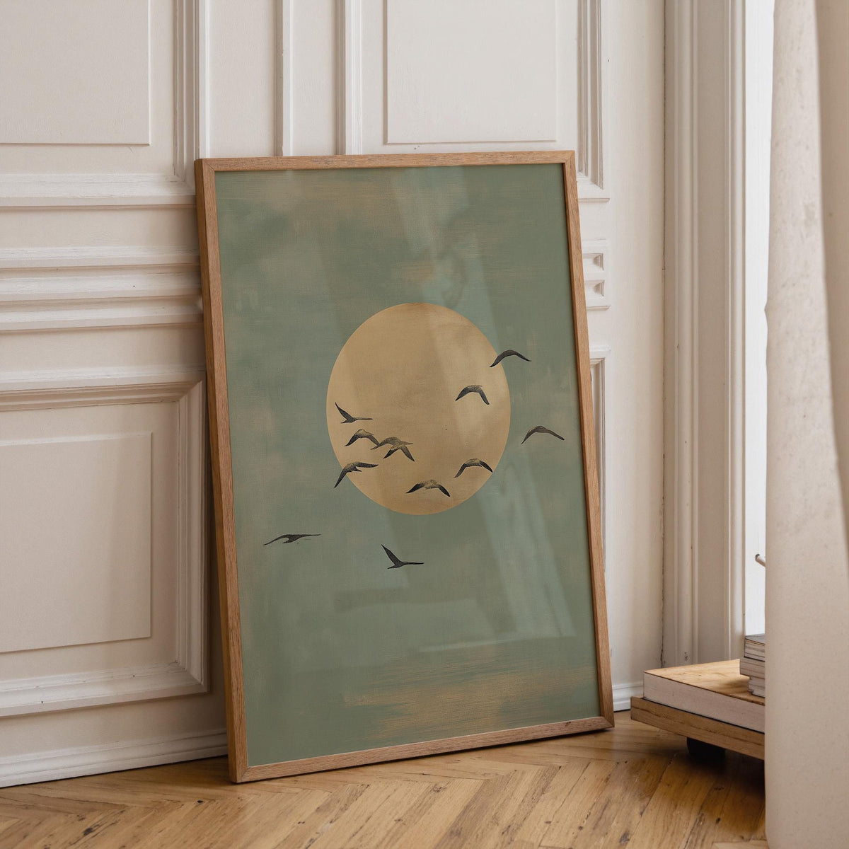 Minimalist Moon and Birds Wall Art, Soft Blue Sky Print, Neutral Japandi Decor, Calm Abstract Nature Poster by The Wall Ar...