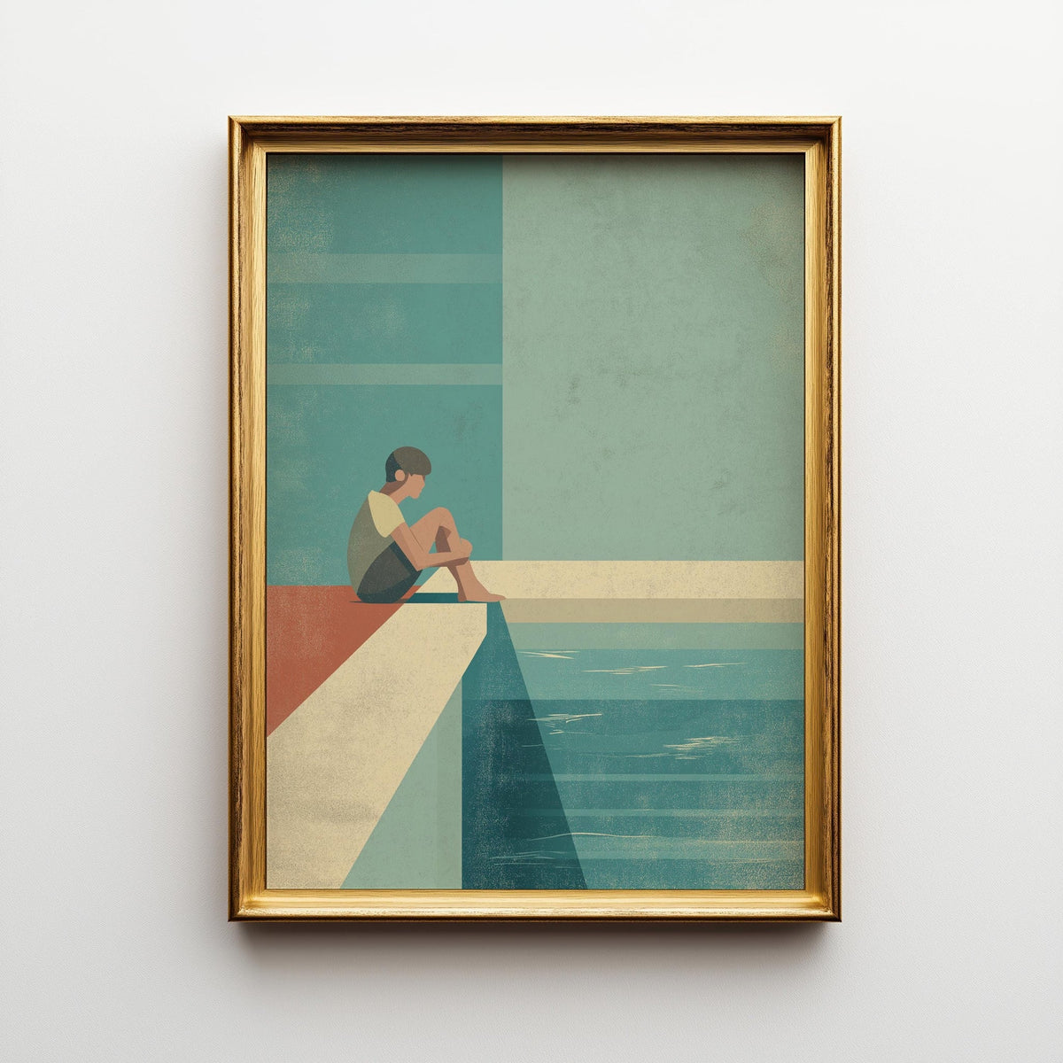 Minimalist Pool Edge Wall Art, Retro Swimmer Print, Mid Century Modern Coastal Poster, Abstract Geometric Landscape, Calm...