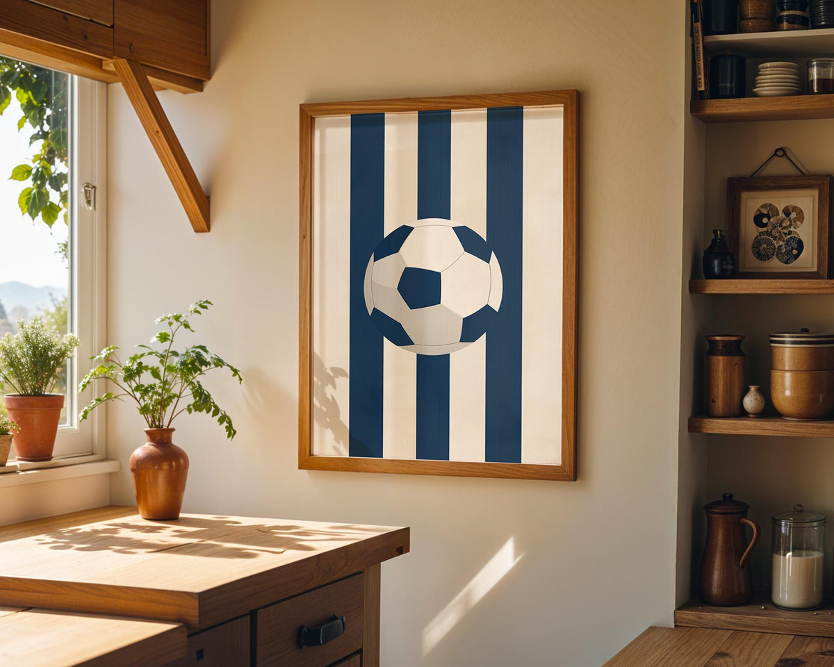 Minimalist Soccer Ball Print, Blue Stripe Sports Wall Art (Framed Option) by The Wall Art Studio - physical