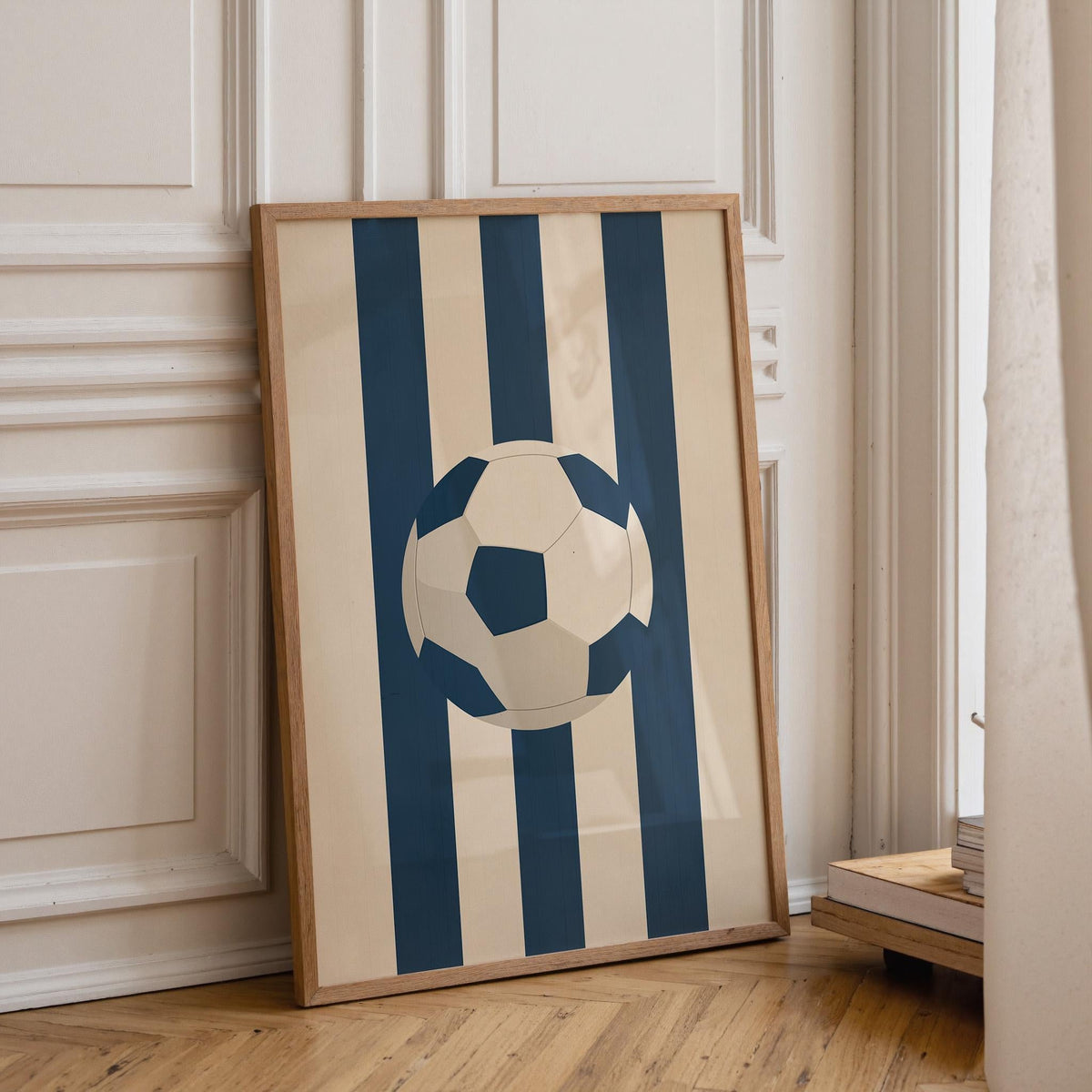 Minimalist Soccer Ball Print, Blue Stripe Sports Wall Art (Framed Option) by The Wall Art Studio - physical