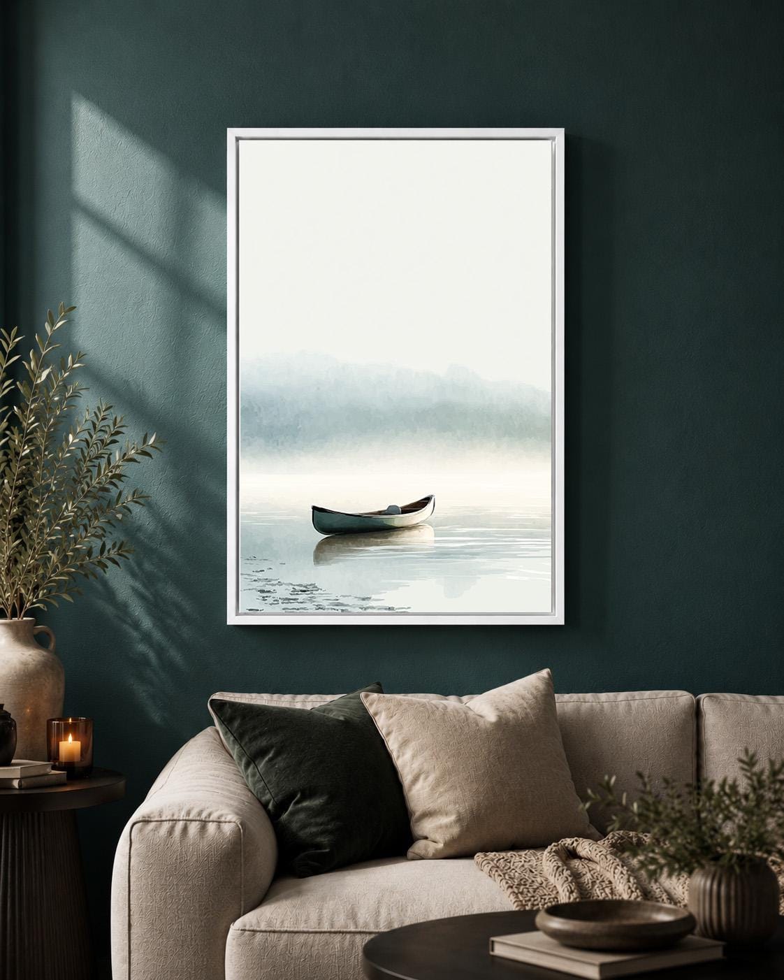 Misty Lake Canoe Framed Canvas Art, Calm Coastal Landscape Wall Decor by The Wall Art Studio - physical