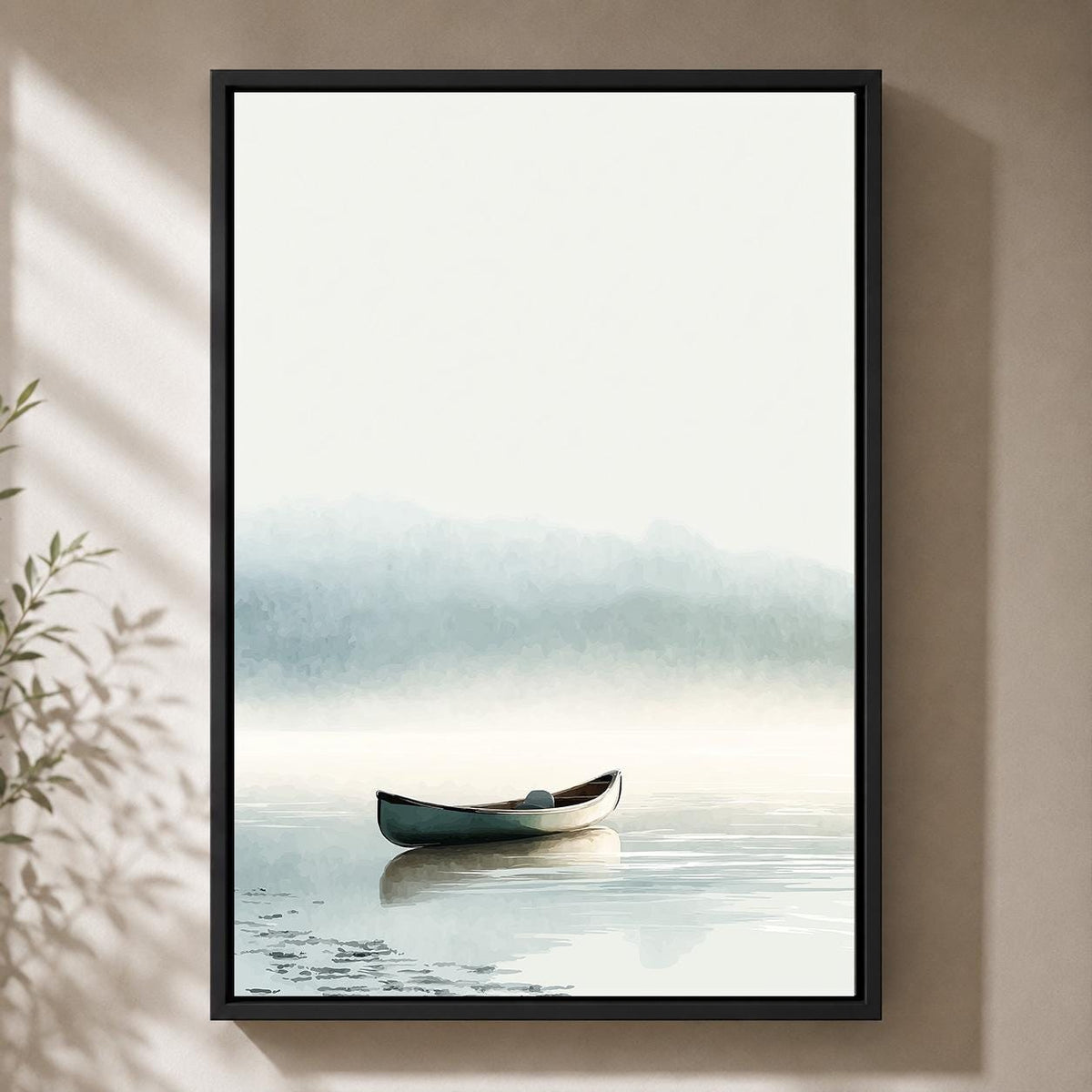 Misty Lake Canoe Framed Canvas Art, Calm Coastal Landscape Wall Decor by The Wall Art Studio - physical