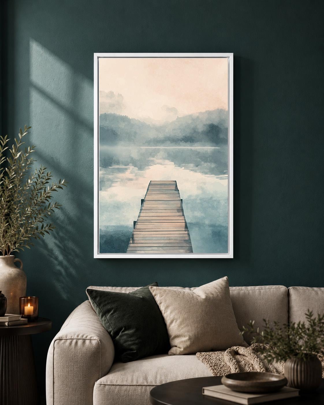 Misty Lake Framed Canvas Art, Serene Landscape Print, Minimal Neutral Lakehouse Decor by The Wall Art Studio - physical