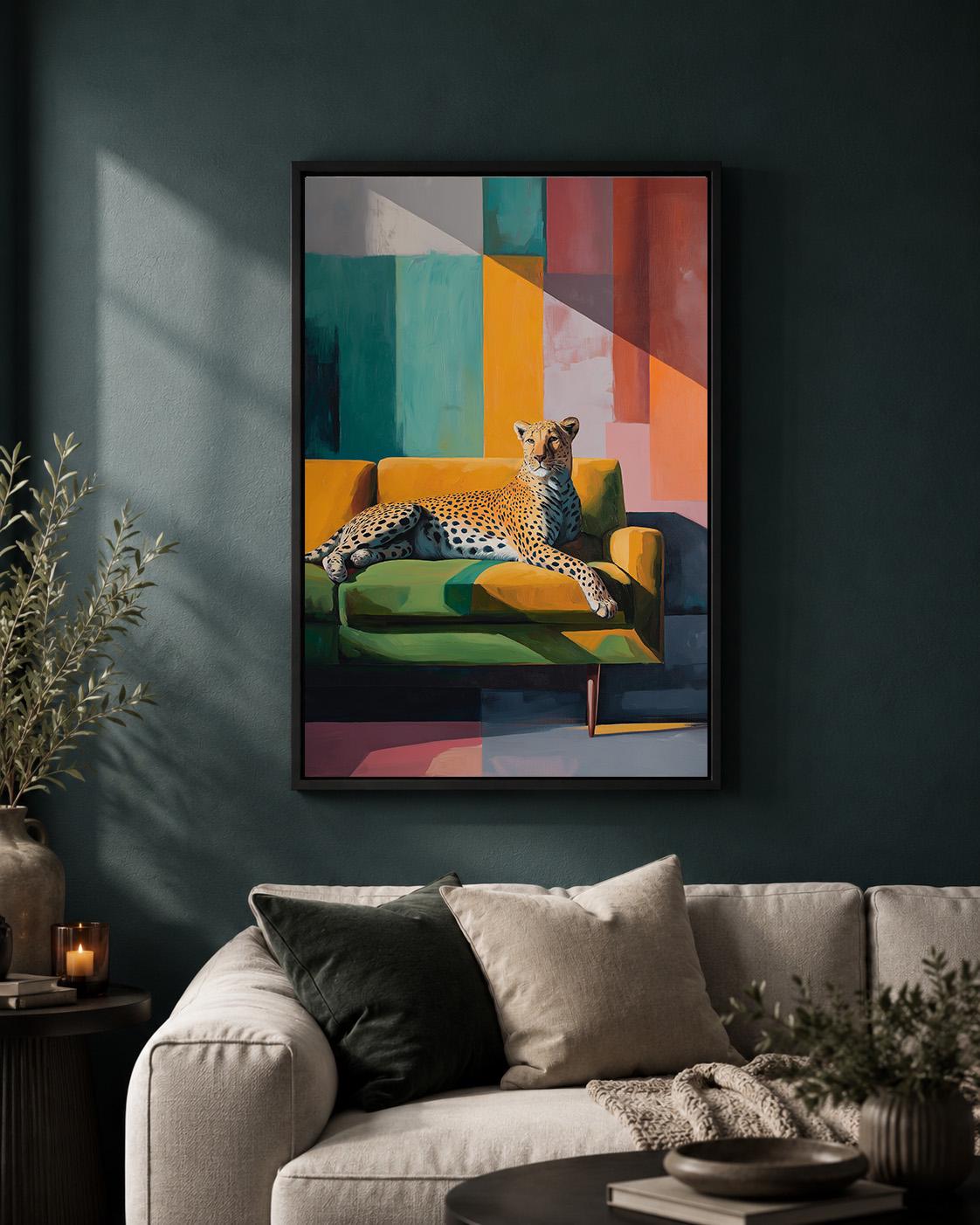 Modern Cheetah Framed Canvas Art, Colorful Abstract Leopard Print, Mid Century Safari Decor by The Wall Art Studio - physical