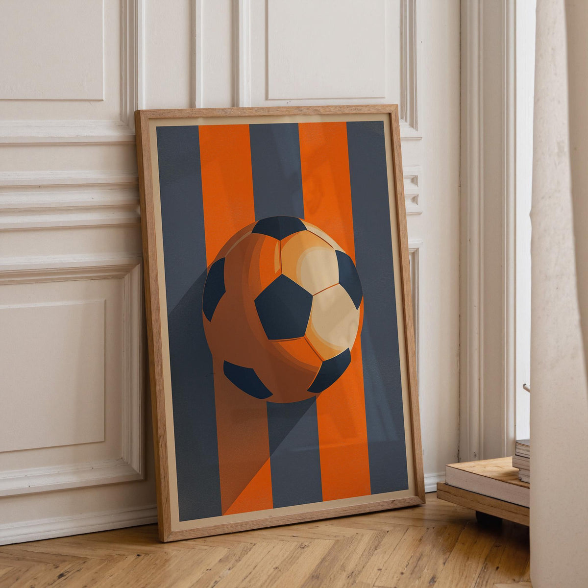 Modern Soccer Ball Print, Orange Navy Sports Decor, Teen Boys Room Art (Framed Option) by The Wall Art Studio - physical