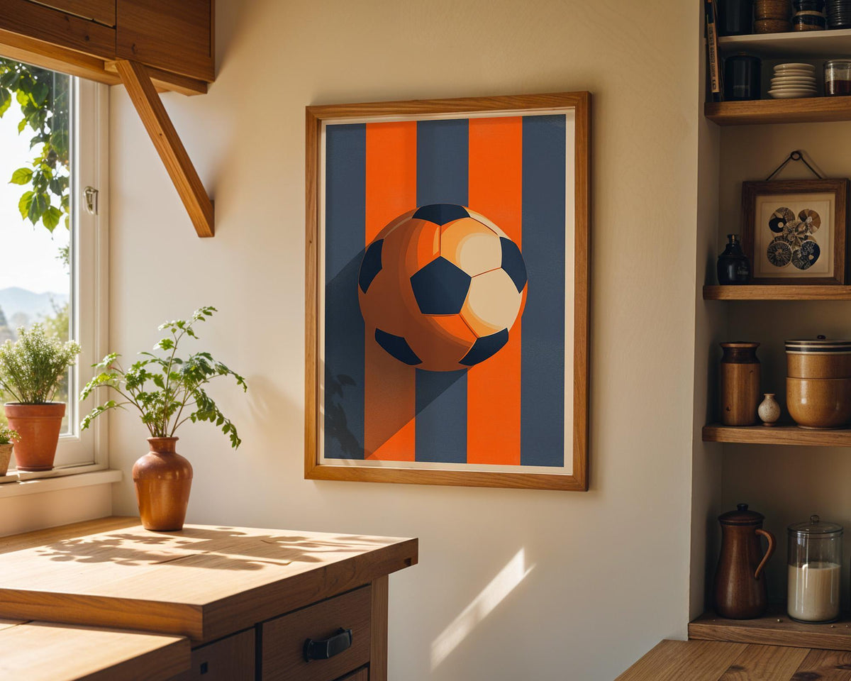 Modern Soccer Ball Print, Orange Navy Sports Decor, Teen Boys Room Art (Framed Option) by The Wall Art Studio - physical