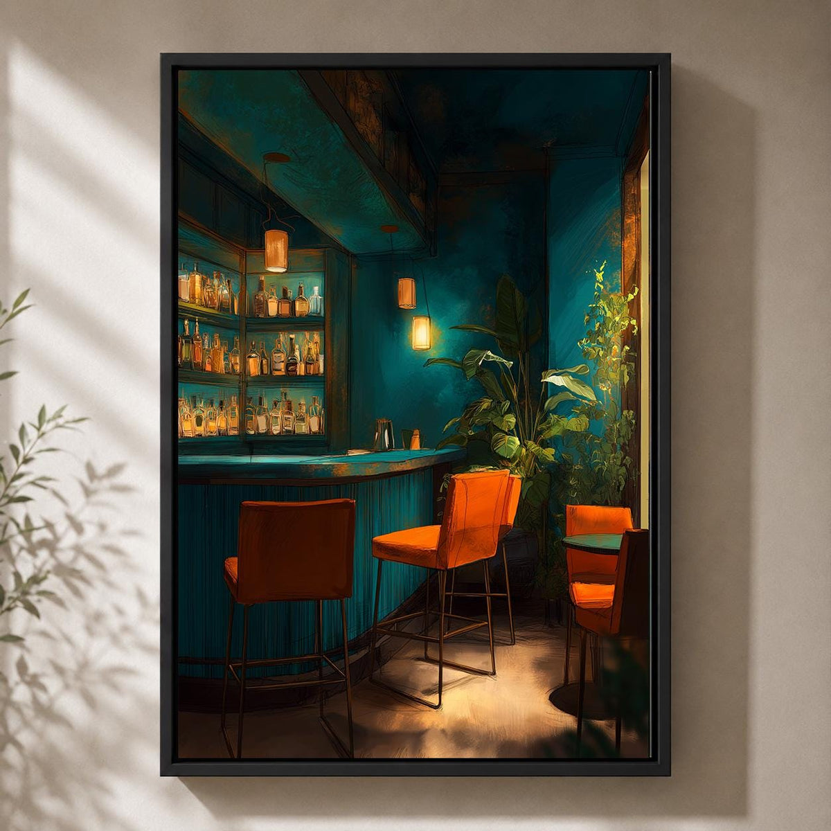 Moody Cocktail Bar Framed Canvas Art, Dark Teal Lounge Decor, Speakeasy Print, Modern Artwork by The Wall Art Studio - phy...
