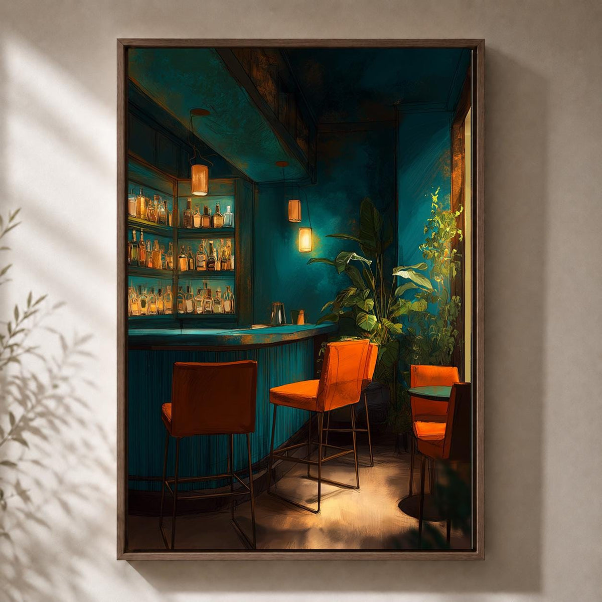 Moody Cocktail Bar Framed Canvas Art, Dark Teal Lounge Decor, Speakeasy Print, Modern Artwork by The Wall Art Studio - phy...