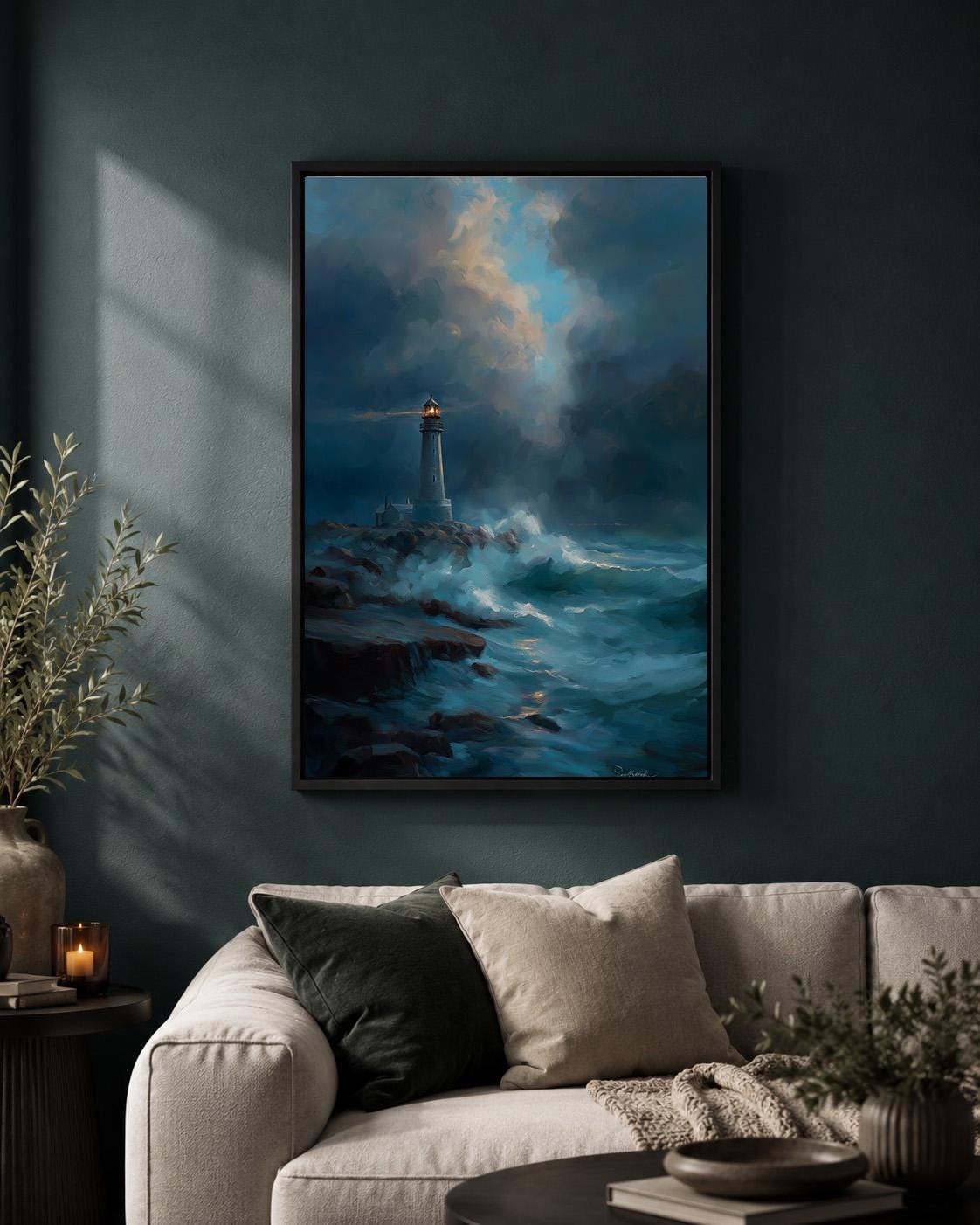 Moody Lighthouse Seascape Framed Canvas Print, Stormy Ocean Wall Art, Coastal Nautical Decor by The Wall Art Studio - phys...