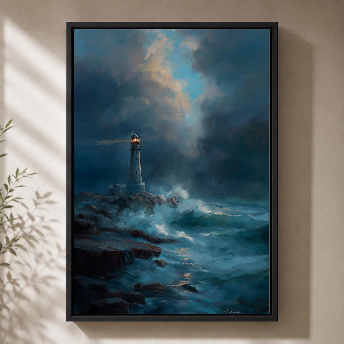Moody Lighthouse Seascape Framed Canvas Print, Stormy Ocean Wall Art, Coastal Nautical Decor by The Wall Art Studio - phys...