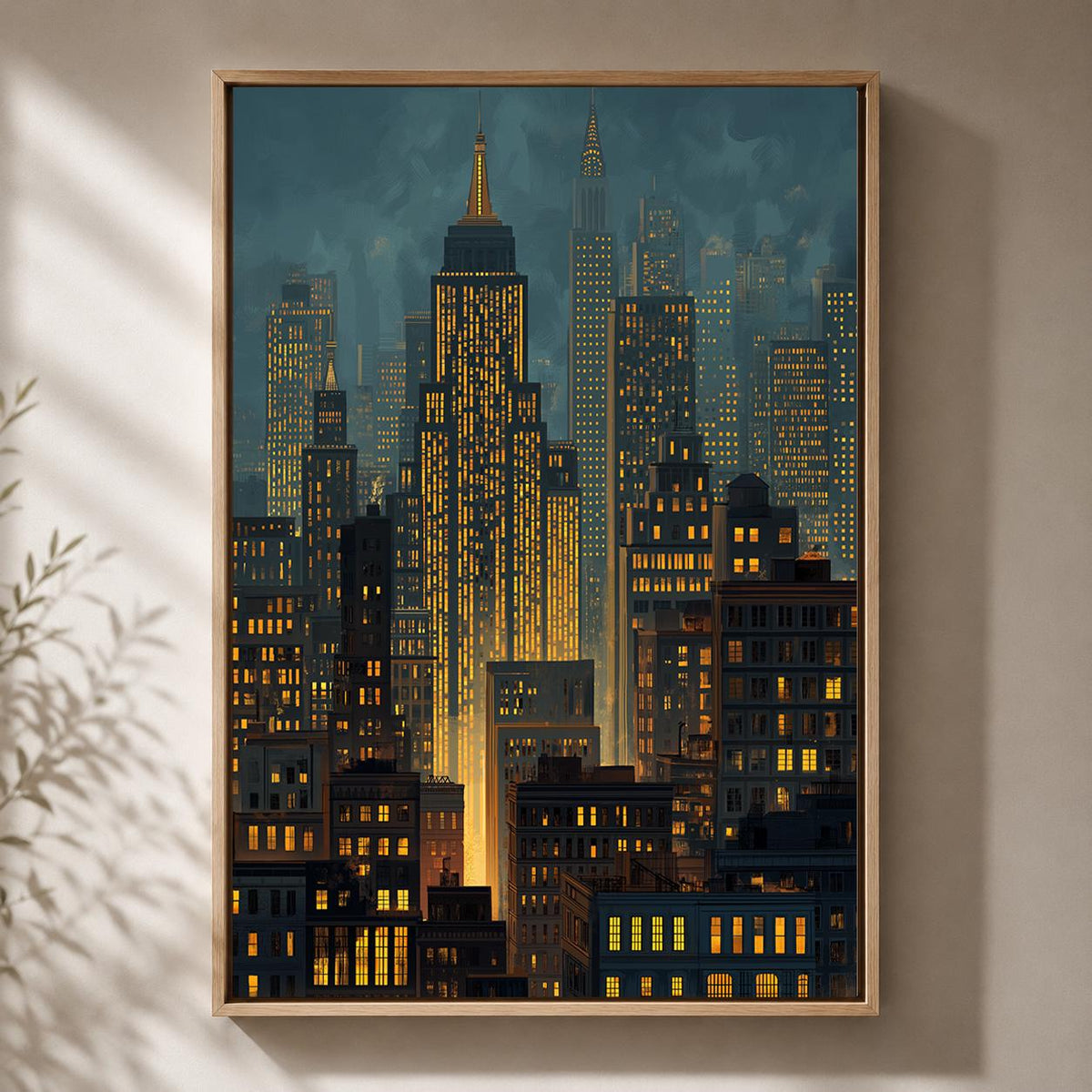 Moody Manhattan Skyline Framed Canvas Art, New York City Nightscape Print, Framed Urban Decor by The Wall Art Studio - phy...