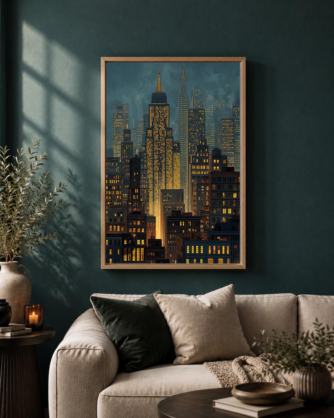 Moody Manhattan Skyline Framed Canvas Art, New York City Nightscape Print, Framed Urban Decor by The Wall Art Studio - phy...