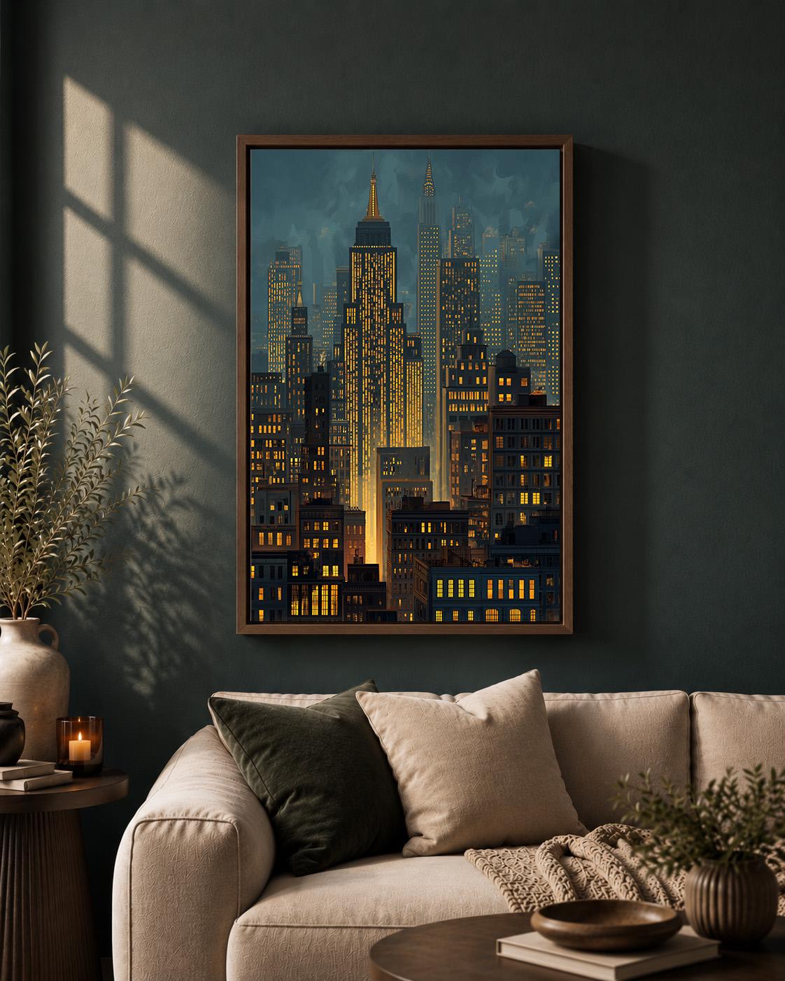 Moody Manhattan Skyline Framed Canvas Art, New York City Nightscape Print, Framed Urban Decor by The Wall Art Studio - phy...