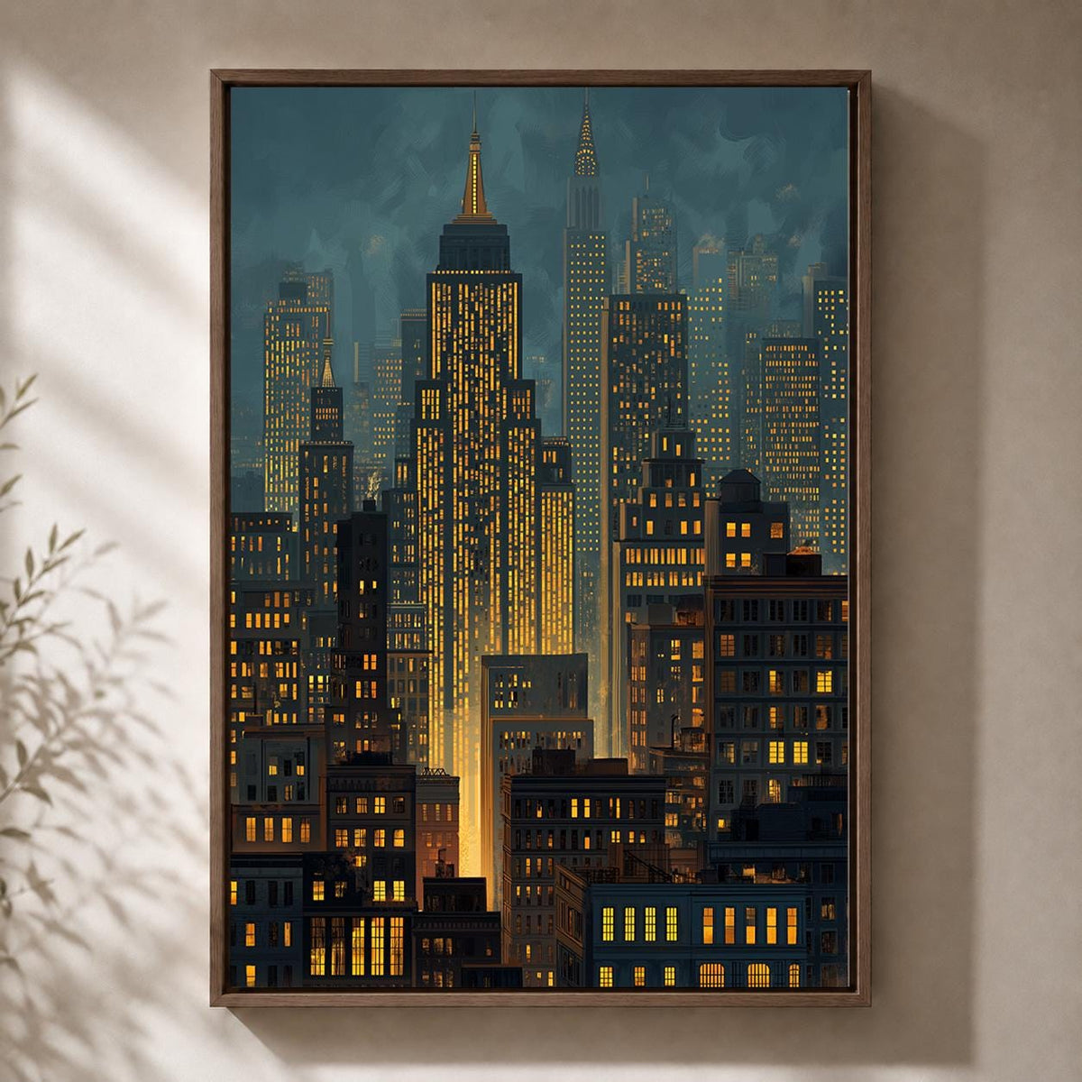 Moody Manhattan Skyline Framed Canvas Art, New York City Nightscape Print, Framed Urban Decor by The Wall Art Studio - phy...