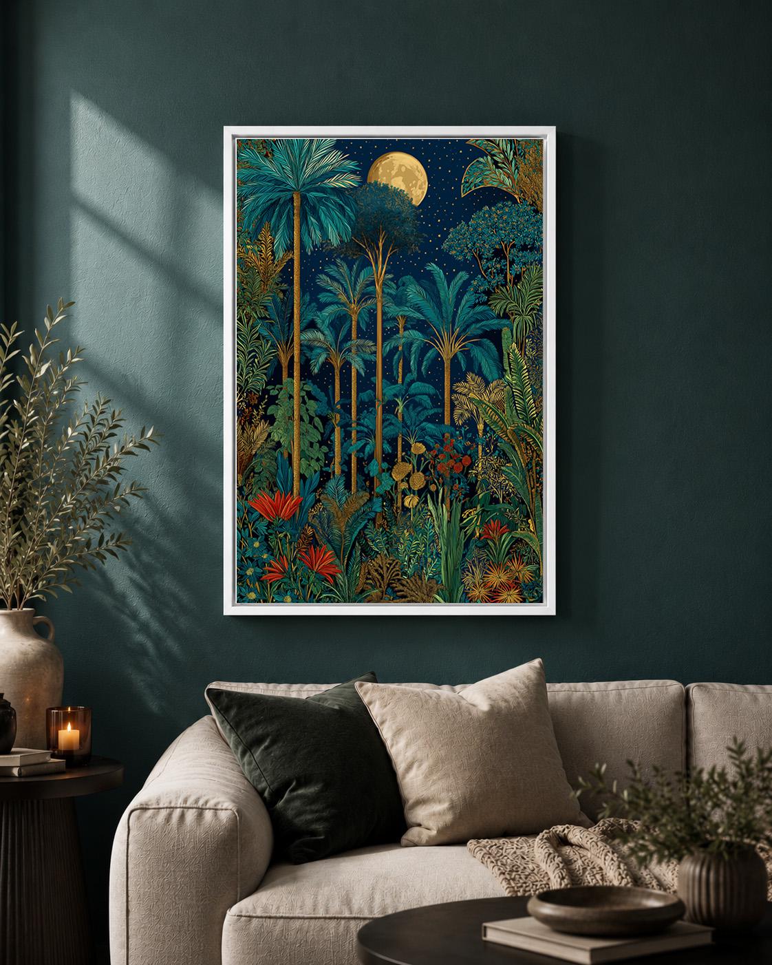 Moonlit Tropical Palm Tree Framed Canvas Art, Botanical Jungle Wall Decor by The Wall Art Studio - physical