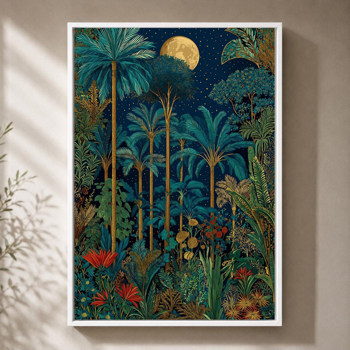 Moonlit Tropical Palm Tree Framed Canvas Art, Botanical Jungle Wall Decor by The Wall Art Studio - physical