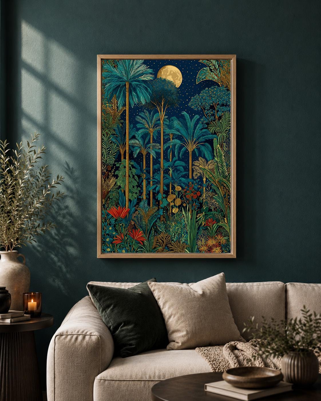Moonlit Tropical Palm Tree Framed Canvas Art, Botanical Jungle Wall Decor by The Wall Art Studio - physical