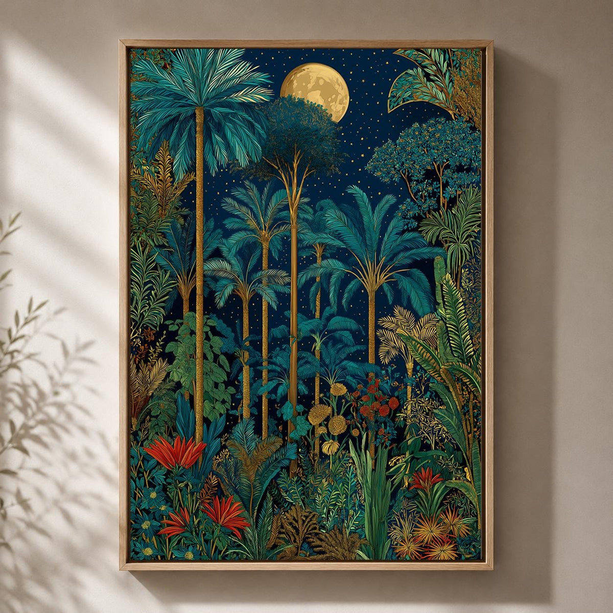 Moonlit Tropical Palm Tree Framed Canvas Art, Botanical Jungle Wall Decor by The Wall Art Studio - physical