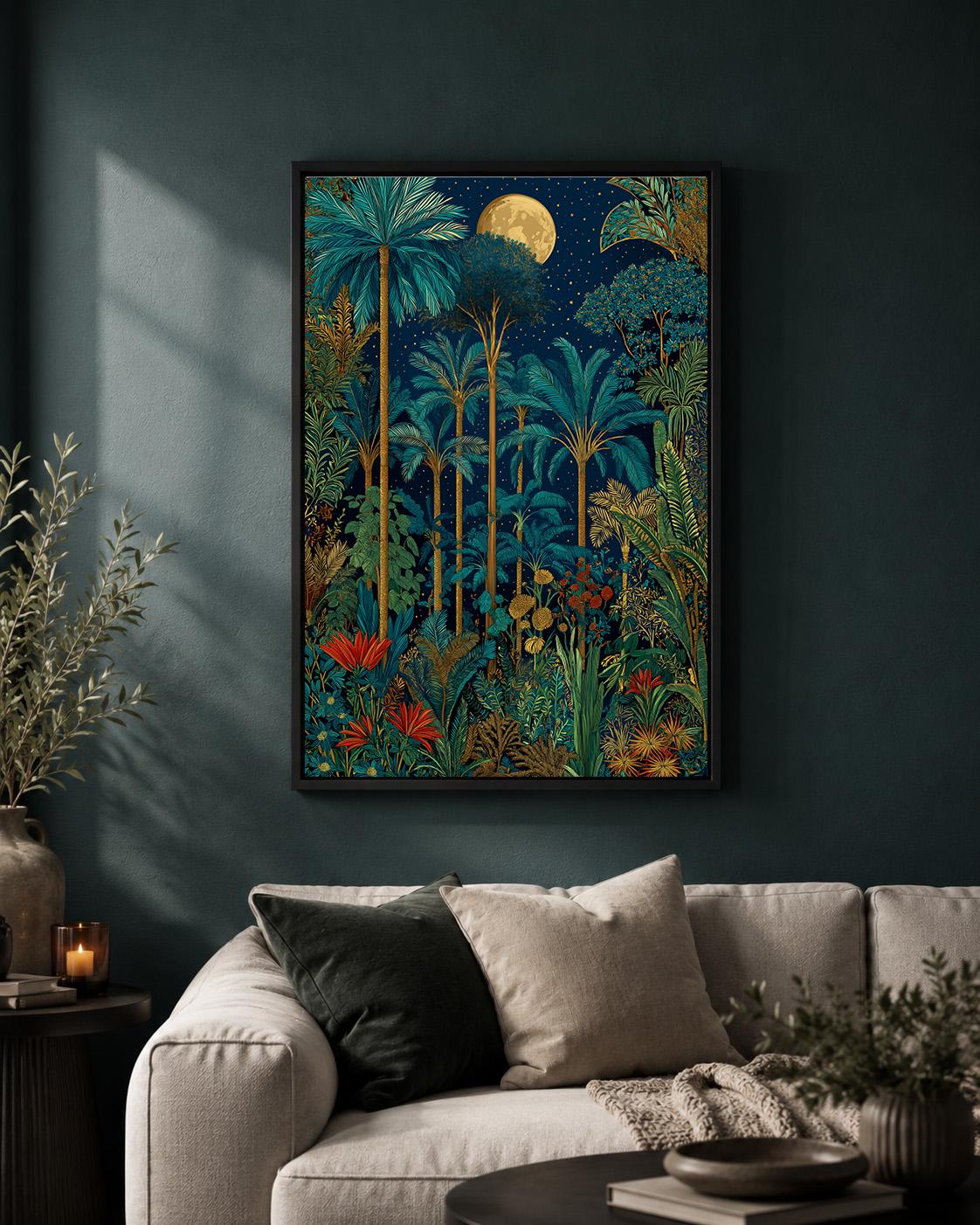 Moonlit Tropical Palm Tree Framed Canvas Art, Botanical Jungle Wall Decor by The Wall Art Studio - physical