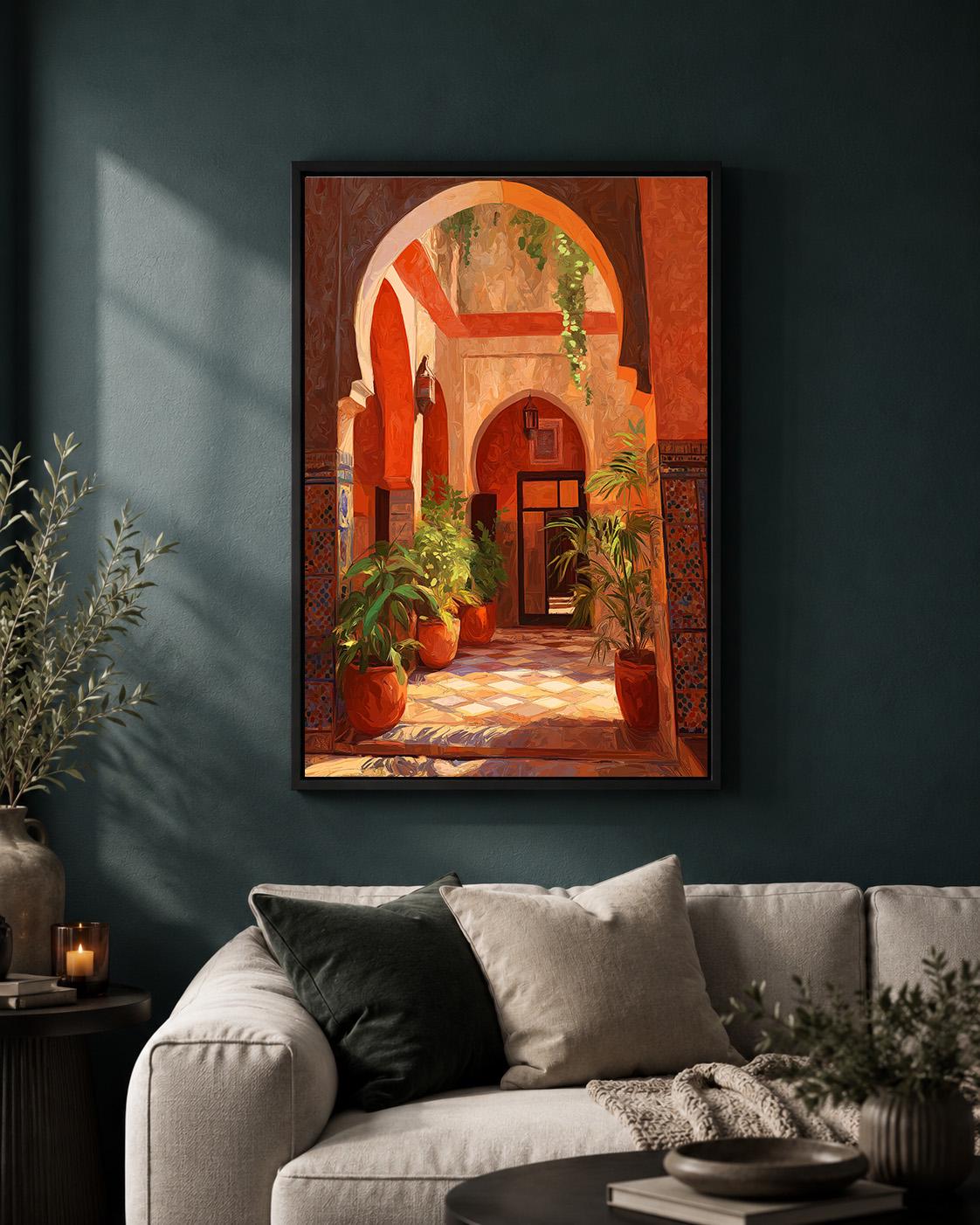 Moroccan Courtyard Framed Canvas Art, Sunlit Riad Architecture, Mediterranean Boho Travel Print by The Wall Art Studio - p...
