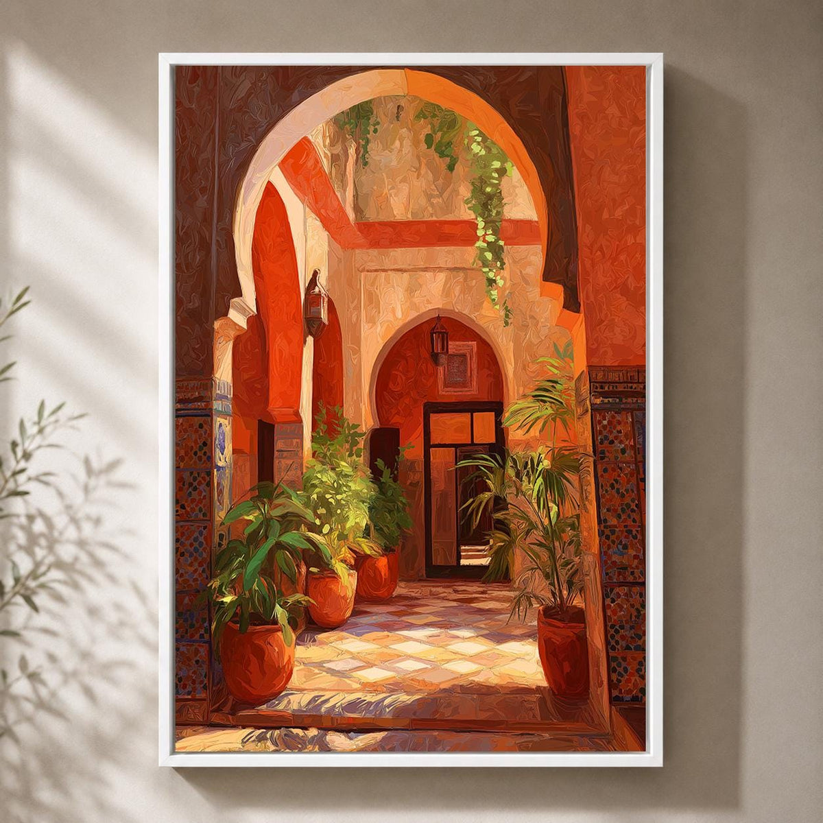 Moroccan Courtyard Framed Canvas Art, Sunlit Riad Architecture, Mediterranean Boho Travel Print by The Wall Art Studio - p...