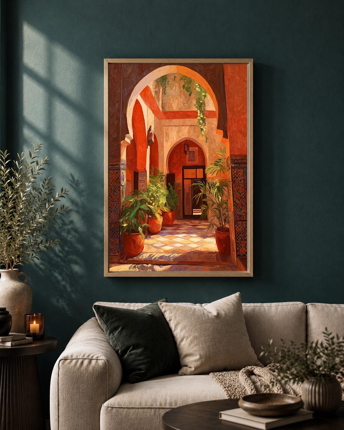 Moroccan Courtyard Framed Canvas Art, Sunlit Riad Architecture, Mediterranean Boho Travel Print by The Wall Art Studio - p...