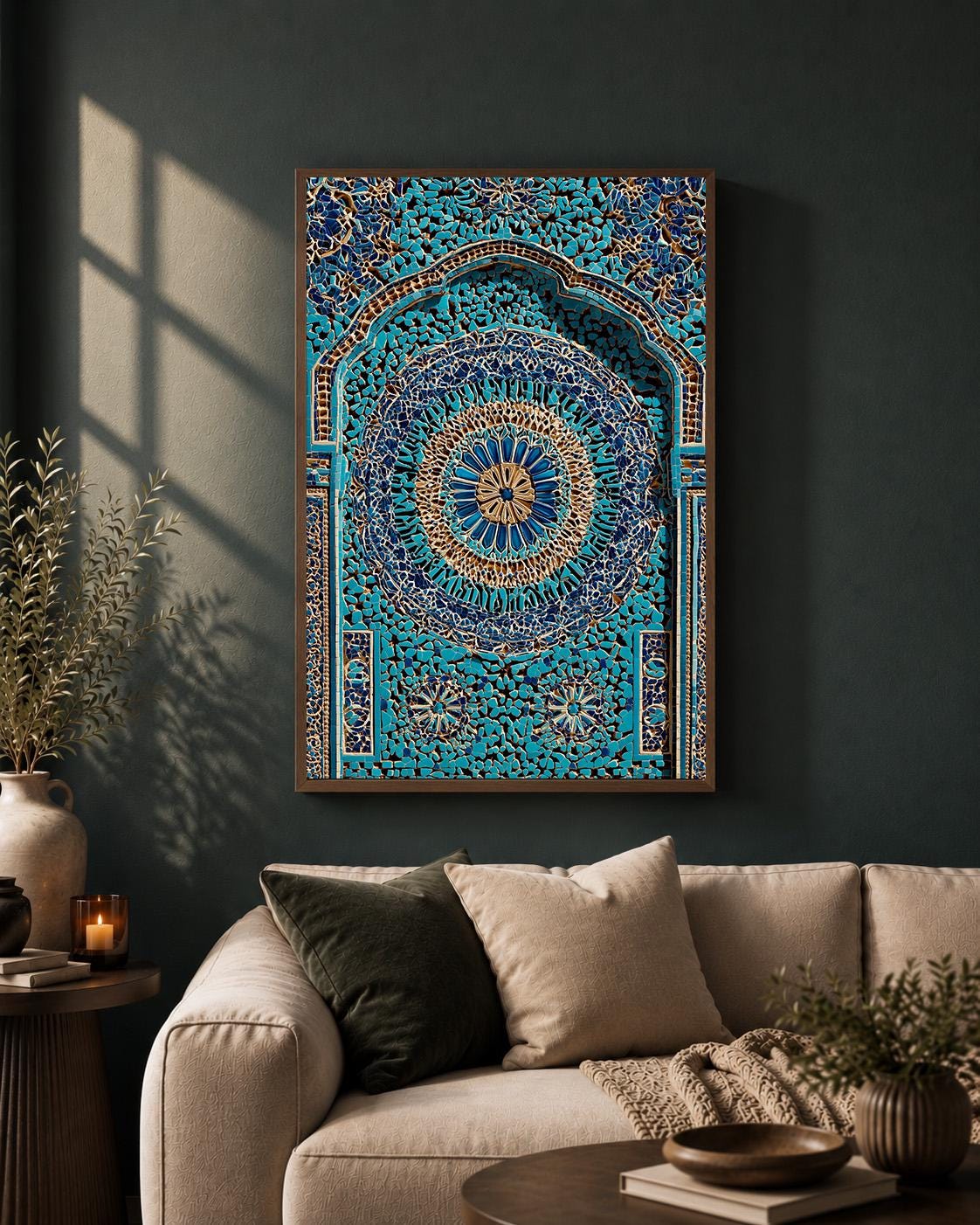 Moroccan Mosaic Framed Canvas Art, Blue Turkish Tile Print, Boho Mediterranean Geometric Decor by The Wall Art Studio - ph...