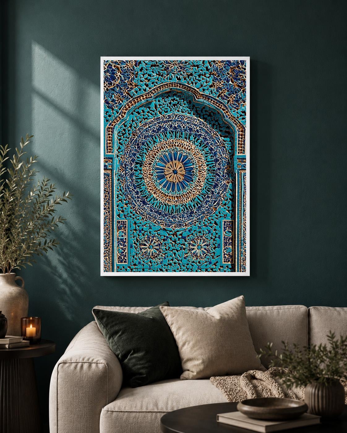 Moroccan Mosaic Framed Canvas Art, Blue Turkish Tile Print, Boho Mediterranean Geometric Decor by The Wall Art Studio - ph...