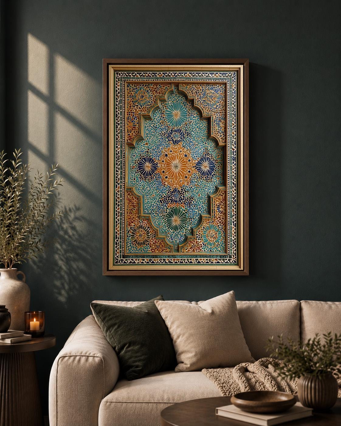 Moroccan Mosaic Framed Canvas, Islamic Geometric Tile Decor by The Wall Art Studio - physical