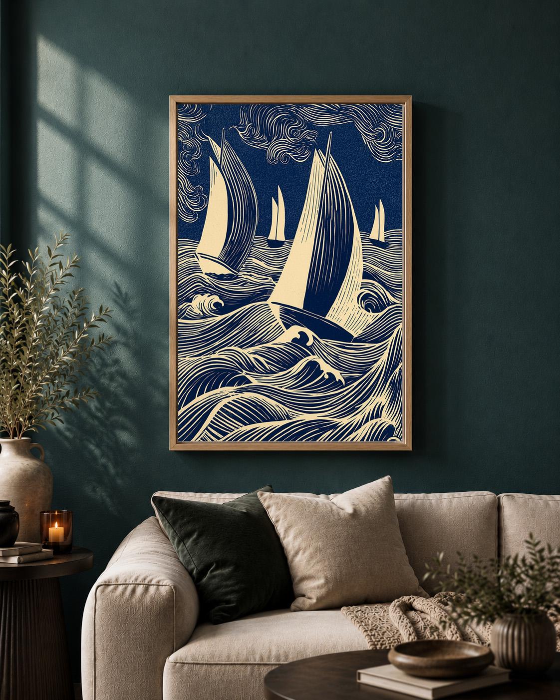 Nautical Sailboat Linocut Framed Canvas, Blue Coastal Ocean Wave Artwork, Framed Canvas Home Decor by The Wall Art Studio...