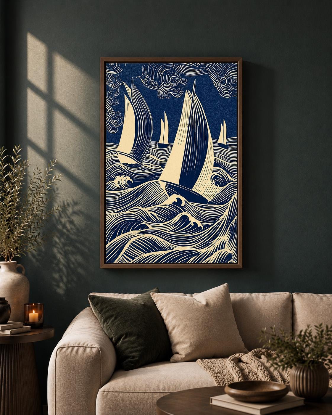 Nautical Sailboat Linocut Framed Canvas, Blue Coastal Ocean Wave Artwork, Framed Canvas Home Decor by The Wall Art Studio...