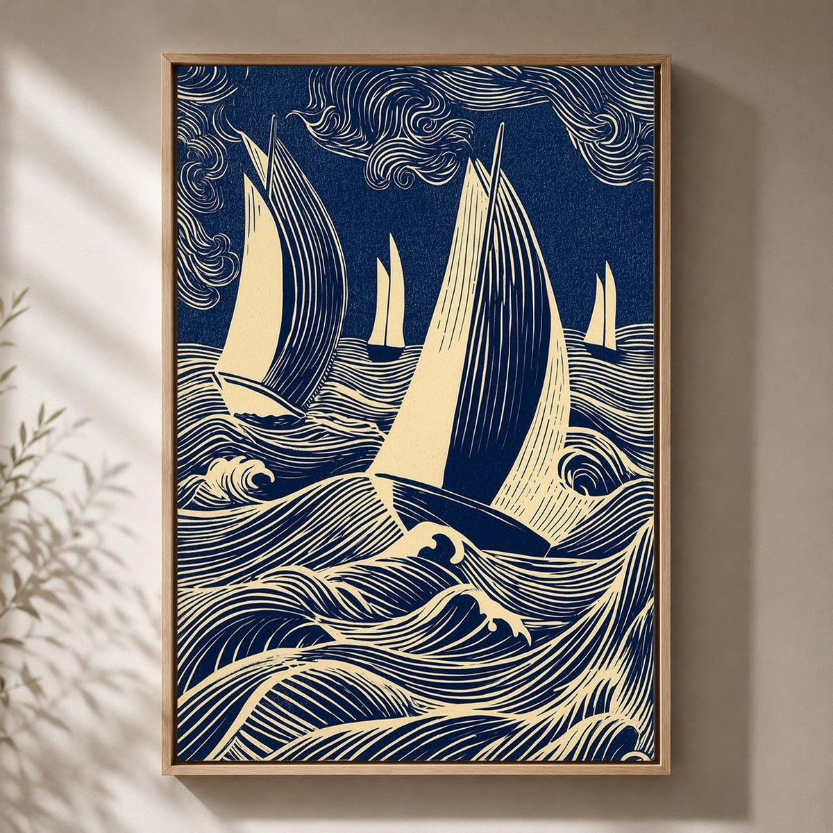 Nautical Sailboat Linocut Framed Canvas, Blue Coastal Ocean Wave Artwork, Framed Canvas Home Decor by The Wall Art Studio...