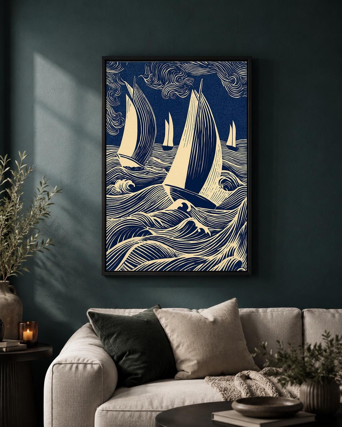 Nautical Sailboat Linocut Framed Canvas, Blue Coastal Ocean Wave Artwork, Framed Canvas Home Decor by The Wall Art Studio...