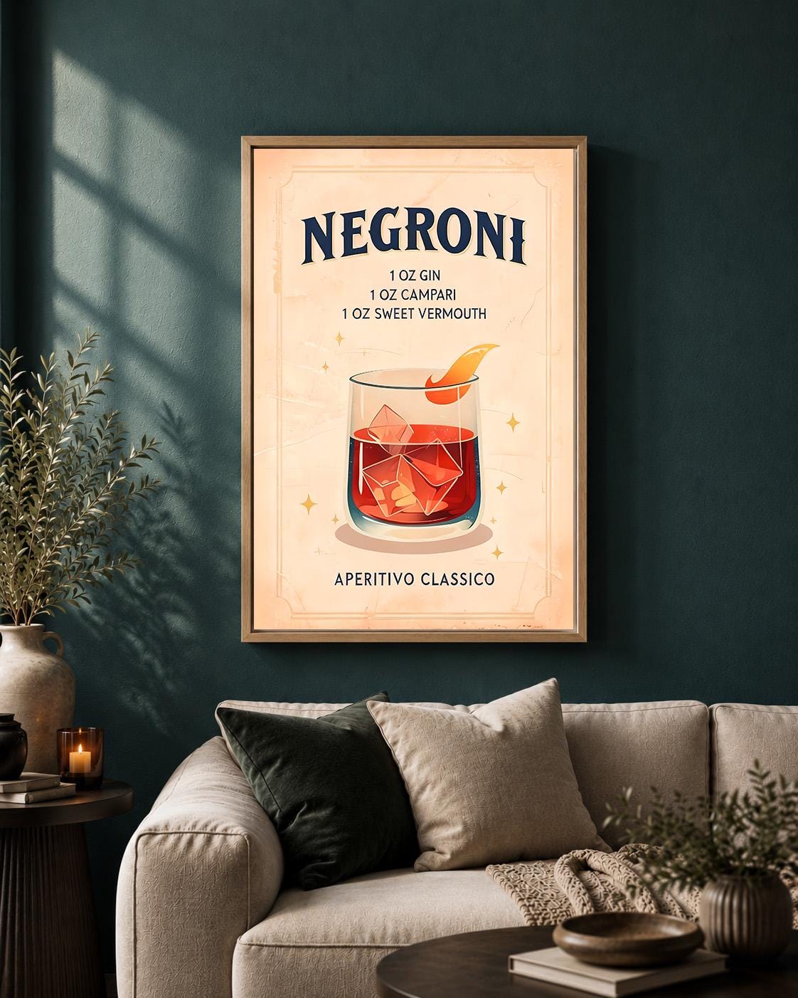 Negroni Cocktail Recipe Framed Canvas Art, Italian Aperitivo Bar Print, Vintage Kitchen Decor by The Wall Art Studio - phy...
