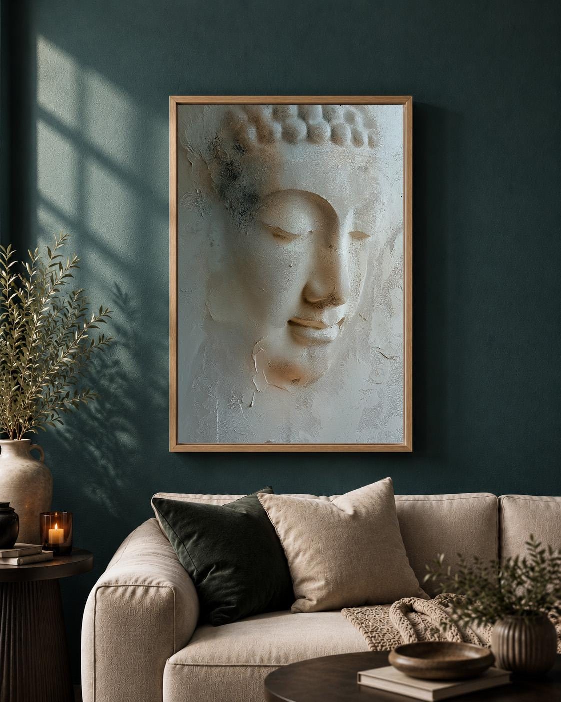 Neutral Buddha Framed Canvas Art, Zen Botanical Meditation Print, Japandi Spiritual Artwork by The Wall Art Studio - physical