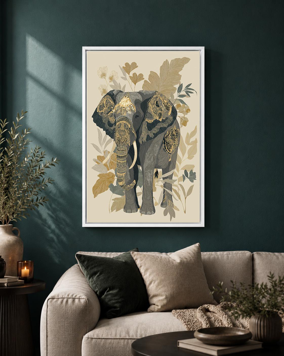 Neutral Elephant Framed Canvas Art, Boho Safari Botanical Animal Decor by The Wall Art Studio - physical