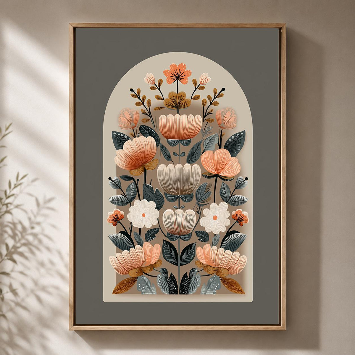 Neutral Folk Floral Framed Canvas Wall Art, Scandinavian Botanical Print, Boho Arch Flower Decor, Nordic Canvas Art by The...