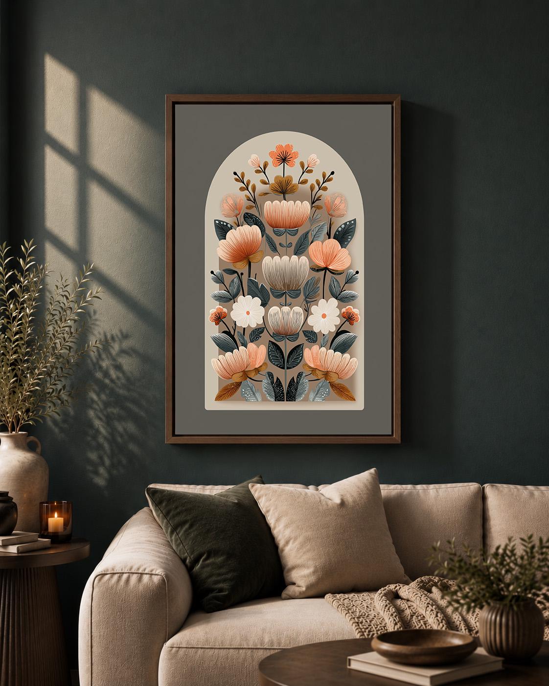 Neutral Folk Floral Framed Canvas Wall Art, Scandinavian Botanical Print, Boho Arch Flower Decor, Nordic Canvas Art by The...