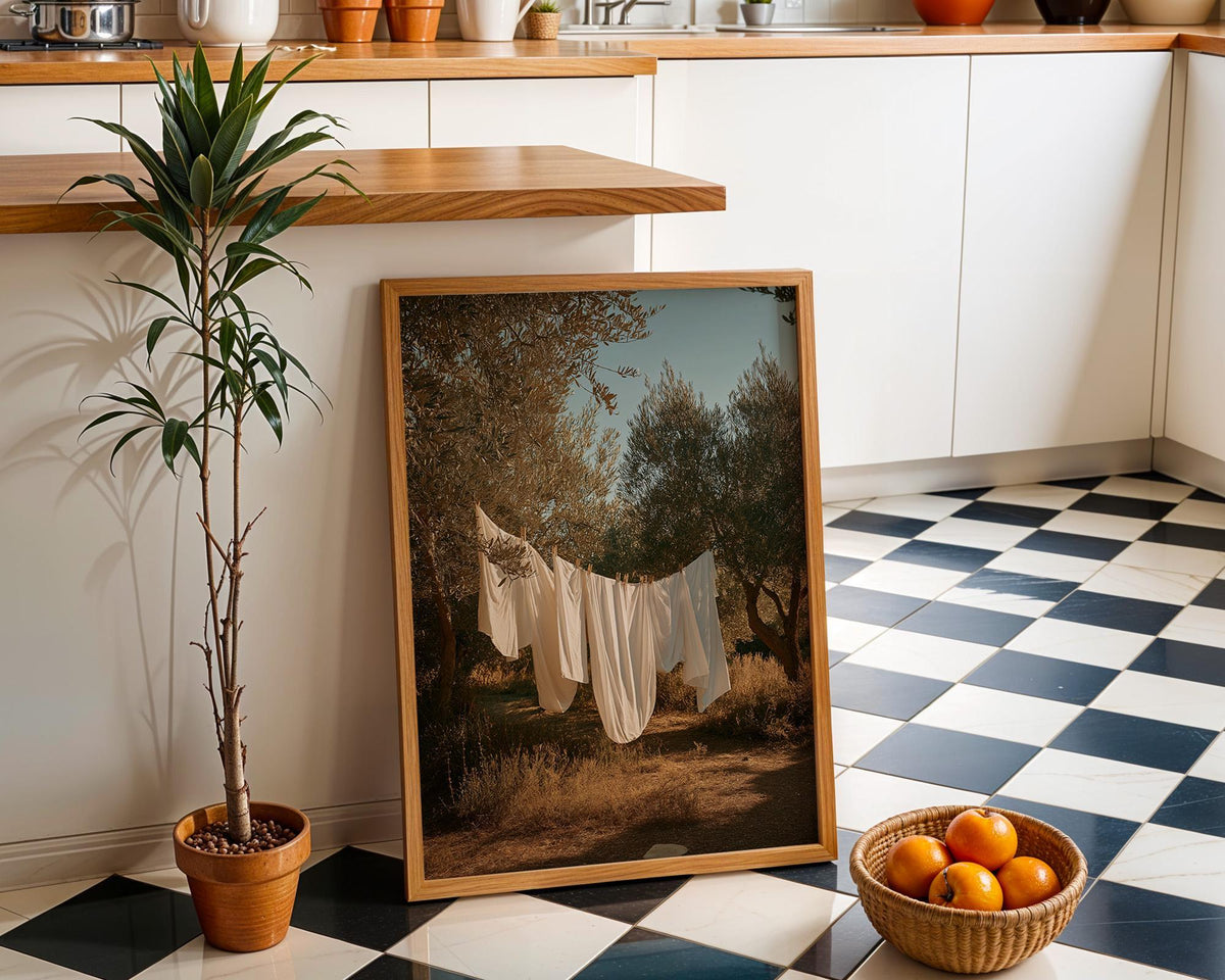 Neutral Laundry Room Wall Art Print, Mediterranean Olive Grove Decor, Moody Linen Photography, Rustic Farmhouse Laundry (F...