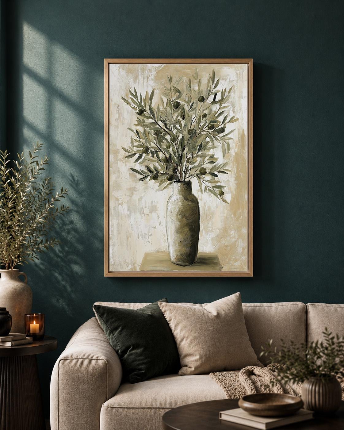 Olive Branch Framed Canvas Art, Mediterranean Olive Tree Painting, Tuscan Farmhouse Kitchen Print by The Wall Art Studio -...