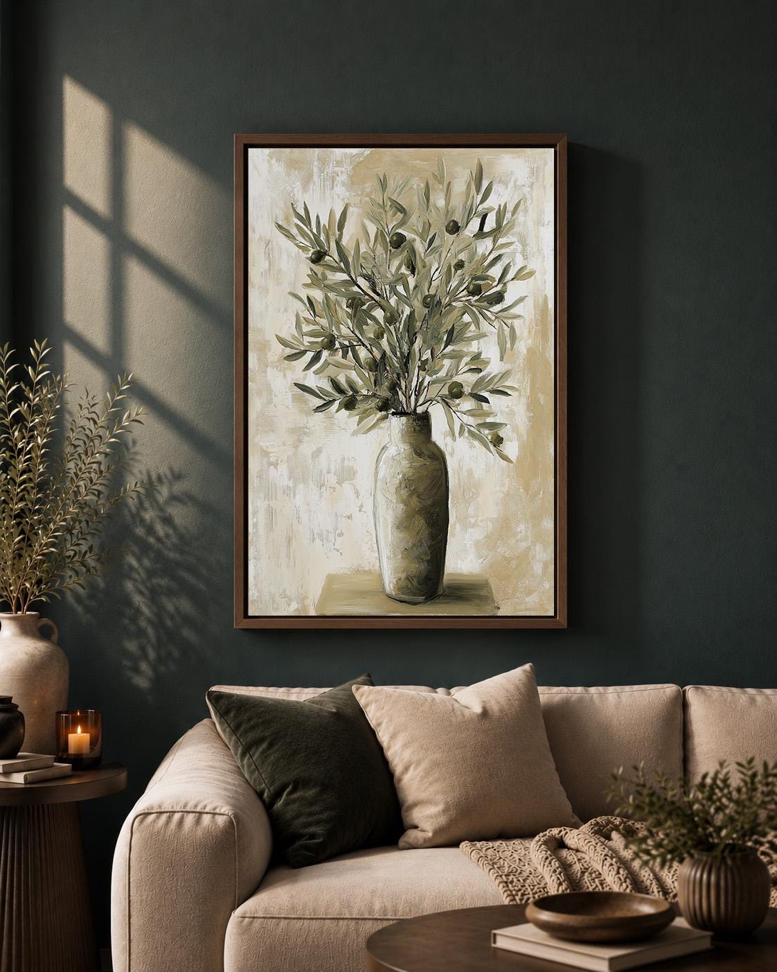 Olive Branch Framed Canvas Art, Mediterranean Olive Tree Painting, Tuscan Farmhouse Kitchen Print by The Wall Art Studio -...