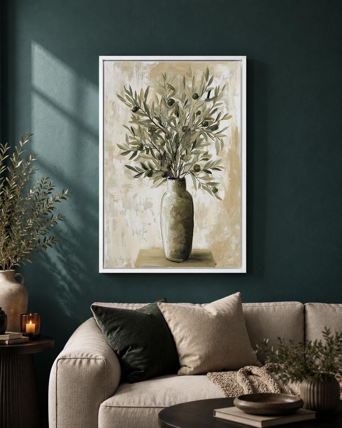 Olive Branch Framed Canvas Art, Mediterranean Olive Tree Painting, Tuscan Farmhouse Kitchen Print by The Wall Art Studio -...