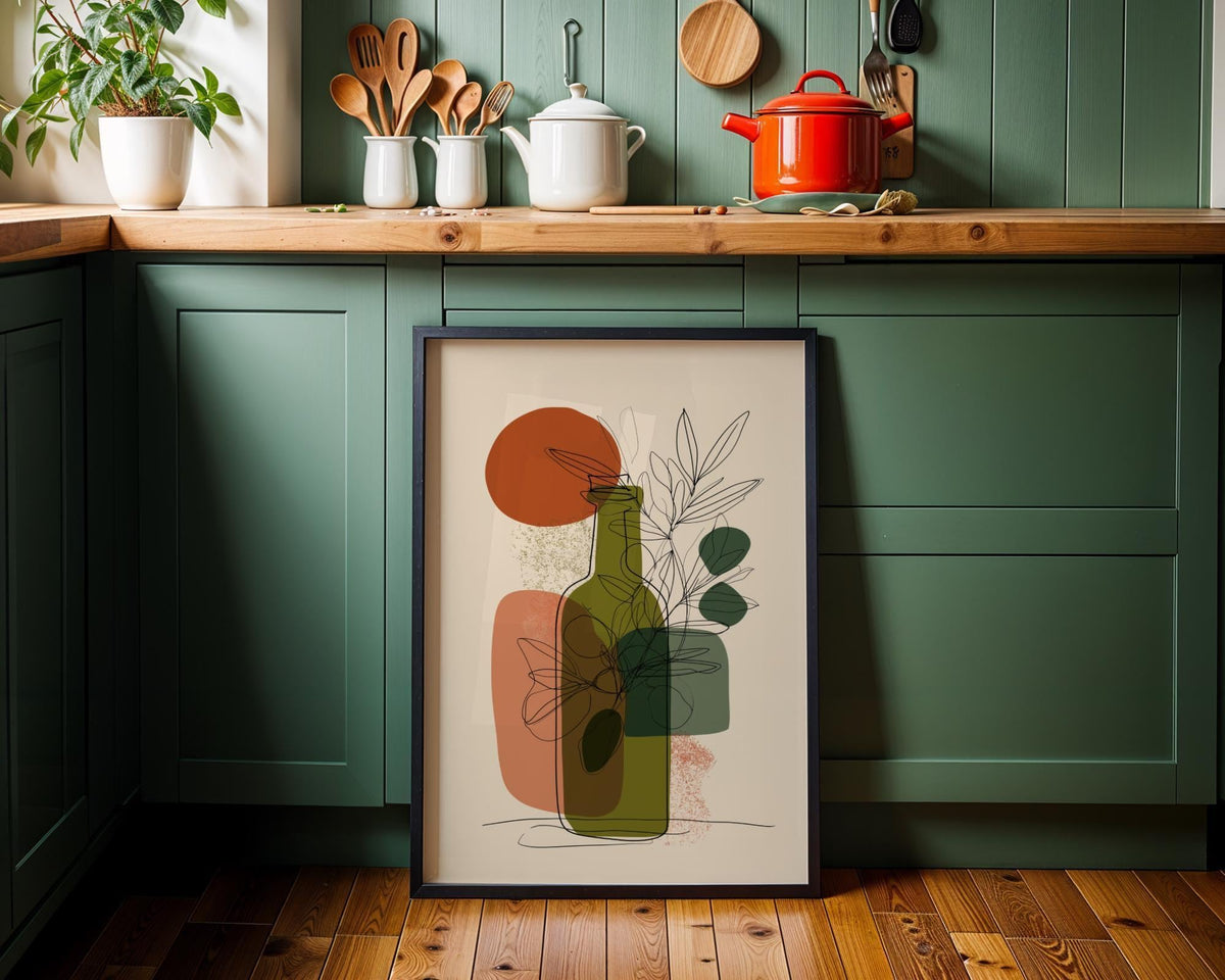 Olive Oil Bottle Art Print • Minimalist Botanical Line Art • Modern Abstract Kitchen Wall Décor • Mediterranean Style Prin...