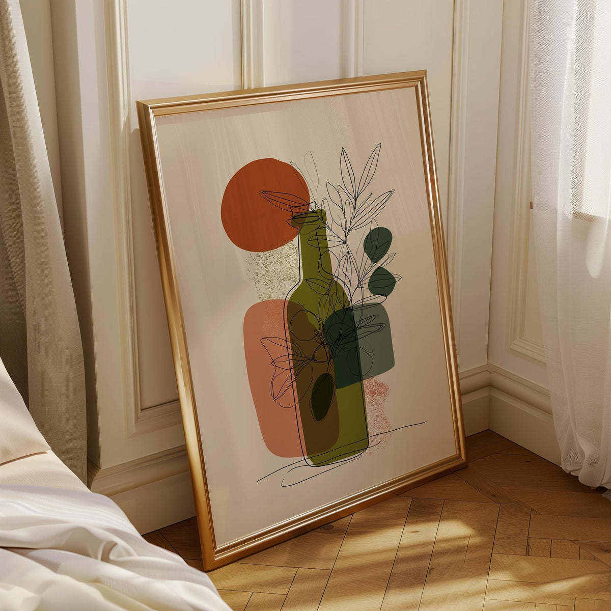 Olive Oil Bottle Art Print • Minimalist Botanical Line Art • Modern Abstract Kitchen Wall Décor • Mediterranean Style Prin...